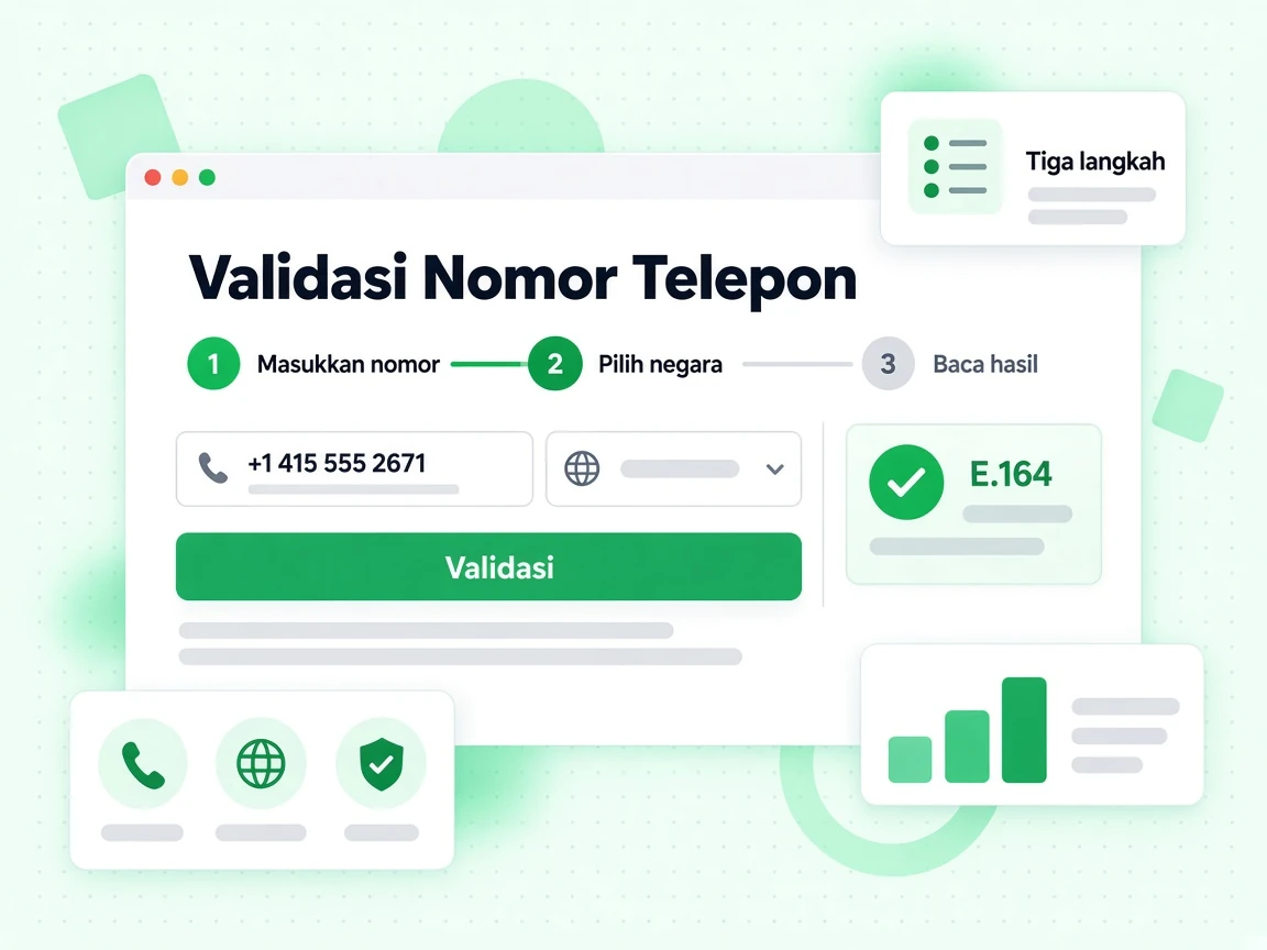 Validasi Nomor Telepon: alur tiga langkah untuk memasukkan nomor, memilih negara dan membaca hasilnya