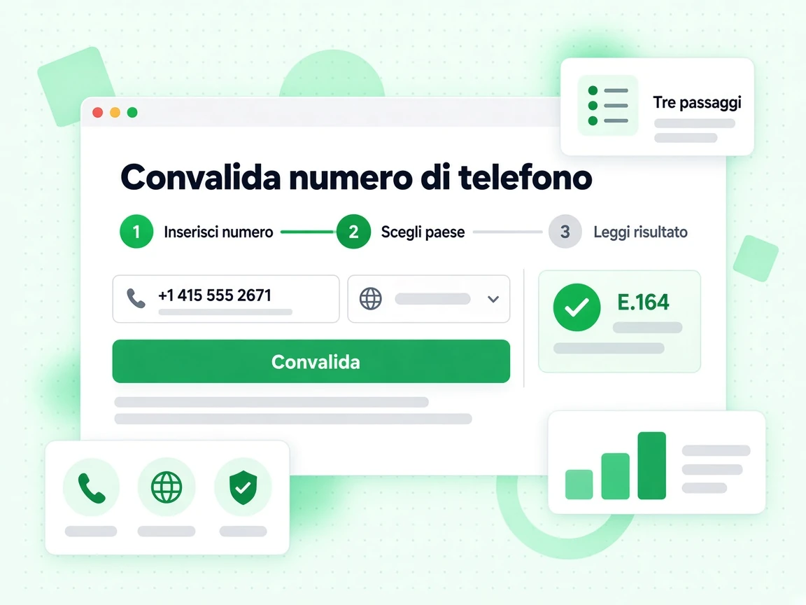 Convalida numero di telefono in Tre passaggi: 1 Inserisci numero, 2 Scegli paese e 3 Leggi risultato.