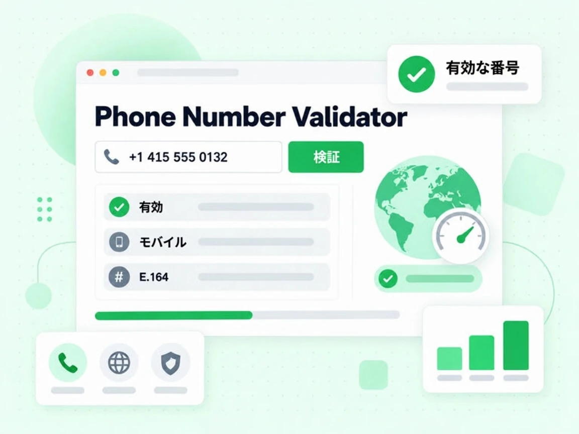 Phone Number Validator に電話番号を入力し検証すると、有効でモバイルの E.164 形式の結果が表示される