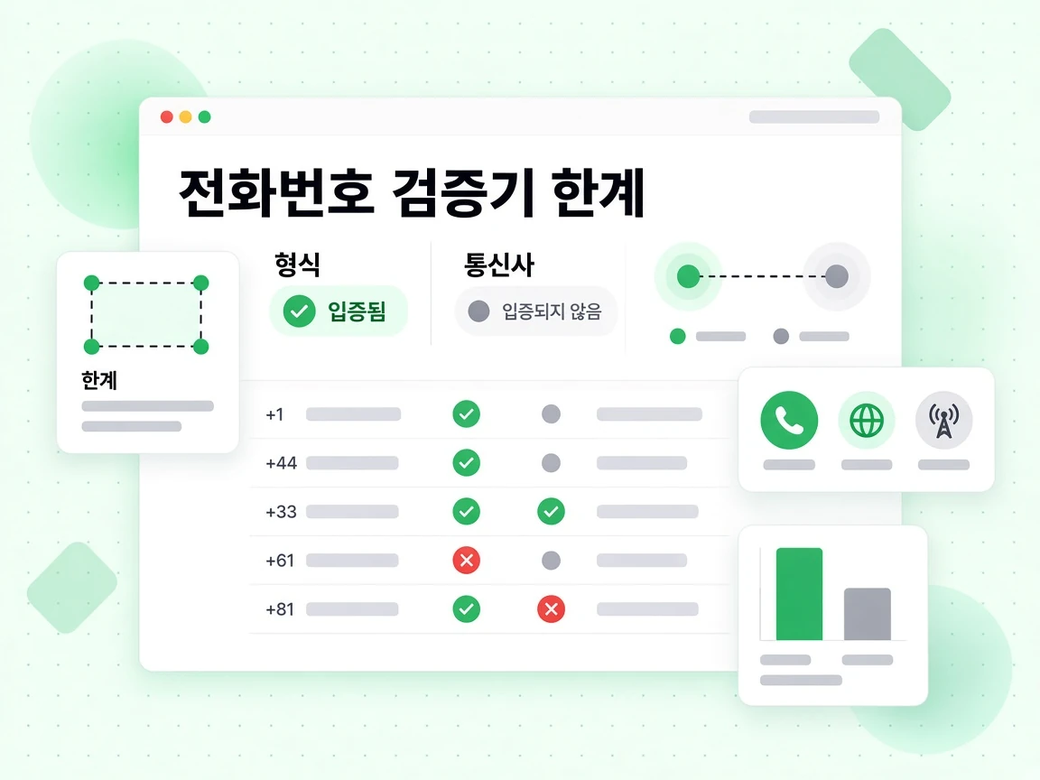 검증된 형식 검사와 검증되지 않은 통신사 검사를 대비시킨 전화번호 검증기 한계