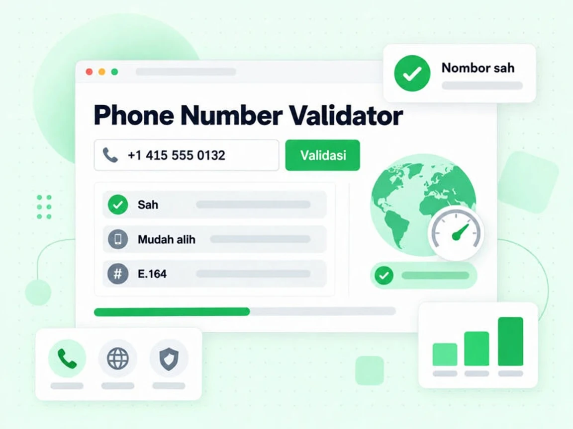 Phone Number Validator dengan medan telefon, butang Validasi serta baris Sah, Mudah alih dan Nombor sah