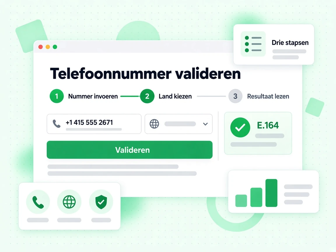 Telefoonnummer valideren driestapsflow om een nummer in te voeren, een land te kiezen en het resultaat te lezen