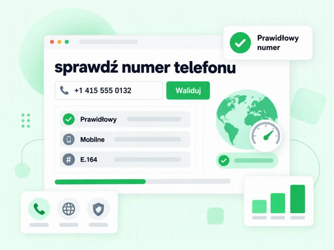 Formularz sprawdź numer telefonu z przyciskiem Waliduj oraz wierszami Prawidłowy, Mobilne i E.164