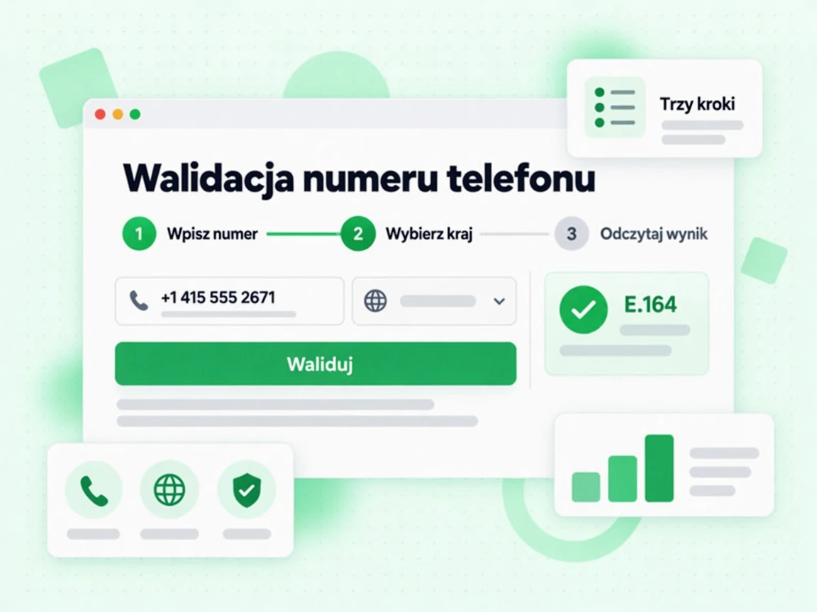 Walidacja numeru telefonu w trzech krokach: wpisz numer, wybierz kraj i odczytaj wynik