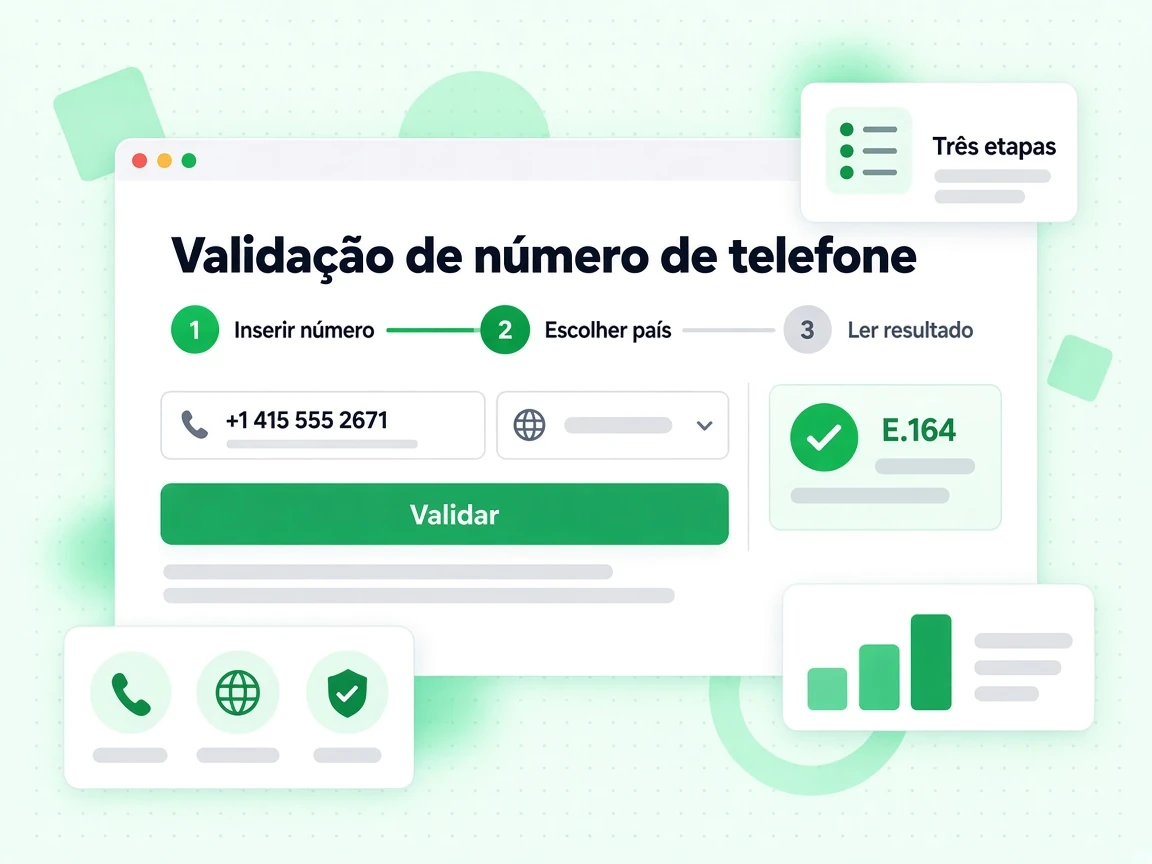 Validação de número de telefone em três etapas: 1 Inserir número, 2 Escolher país e 3 Ler resultado