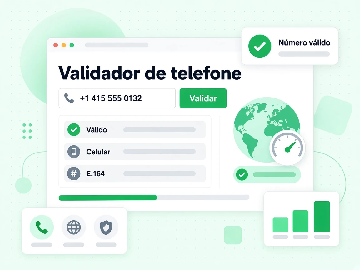 Validador de telefone com o campo +1 415 555 0132, o botão Validar e as linhas Válido, Celular e E.164