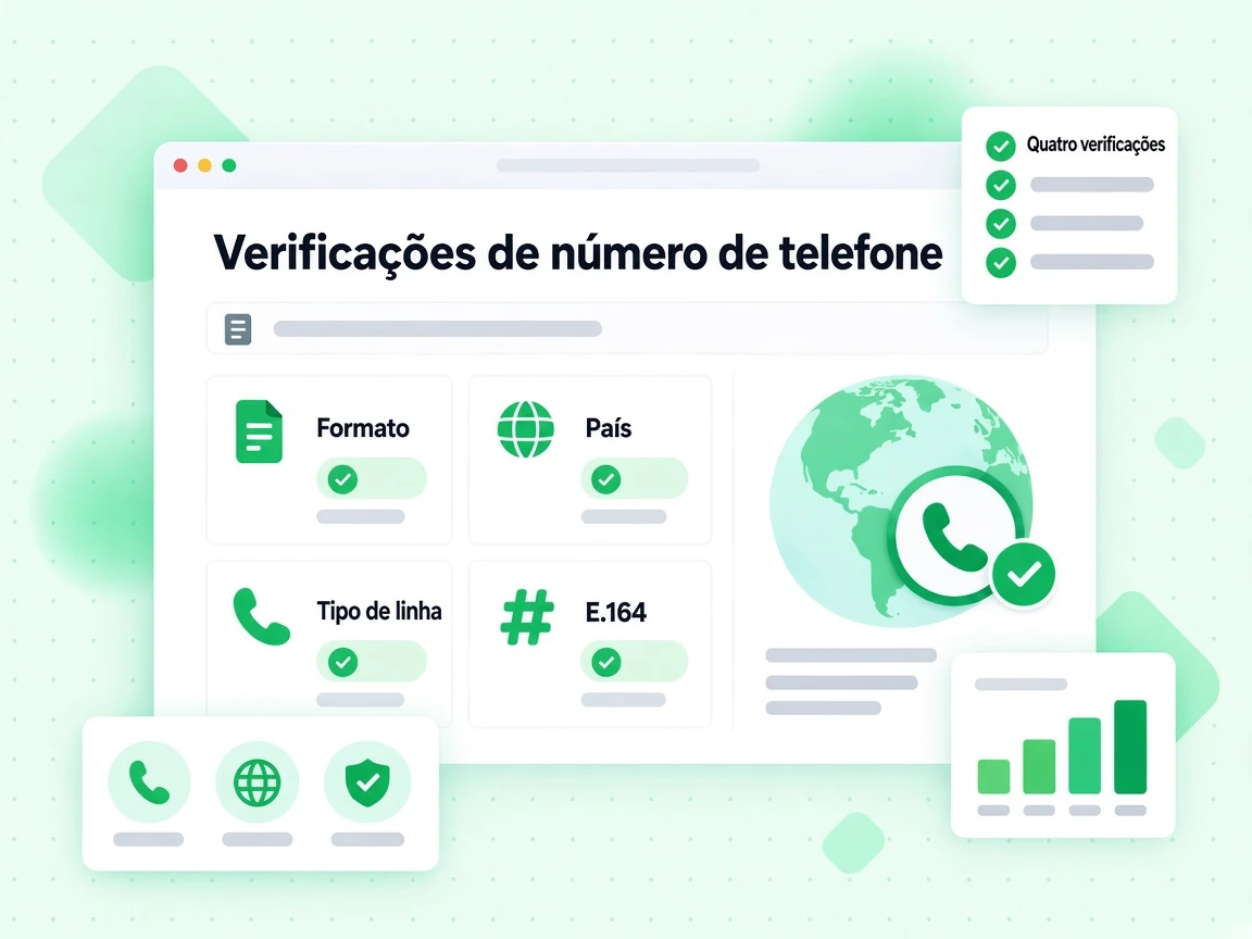 Verificações de número de telefone em quatro itens: Formato, País, Tipo de linha e E.164