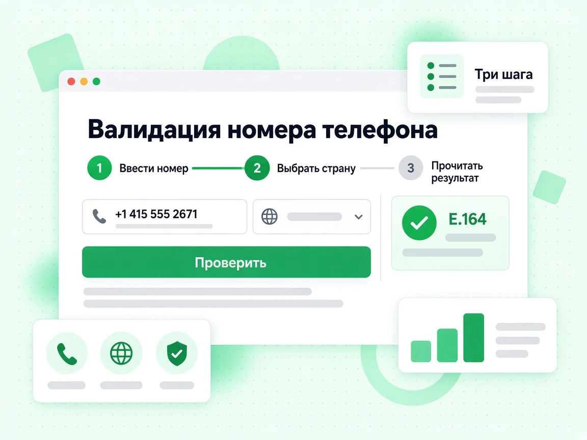 Валидация номера телефона в три шага: Ввести номер, Выбрать страну, Прочитать результат.