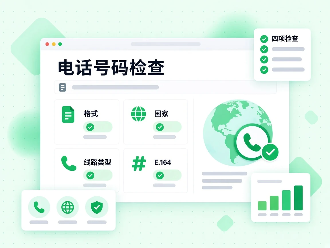 电话号码检查涵盖格式、国家与线路类型，并汇总为四项检查。