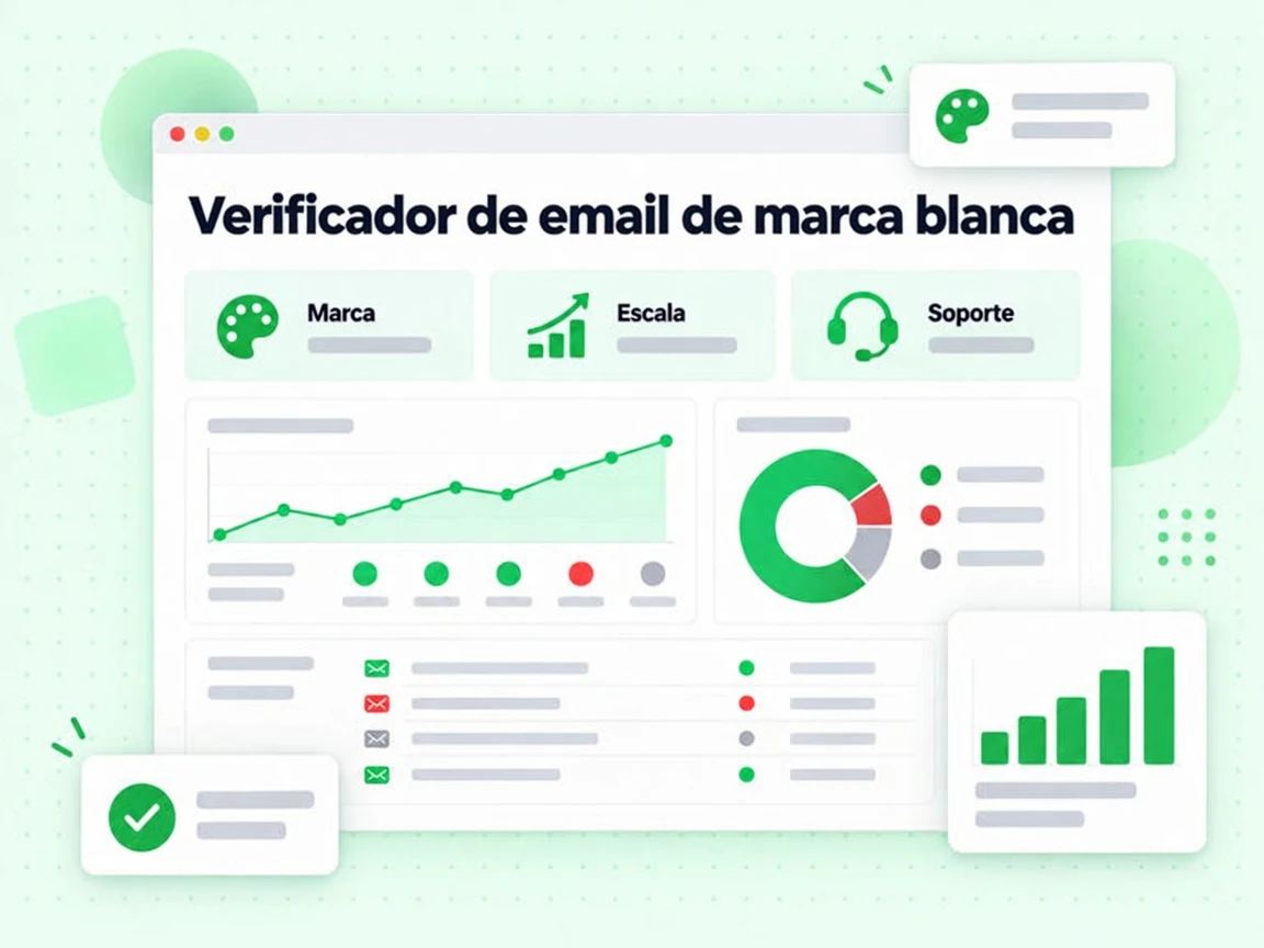 Verificador de email de marca blanca: rejilla de beneficios con Marca, Escala, Soporte e informes.