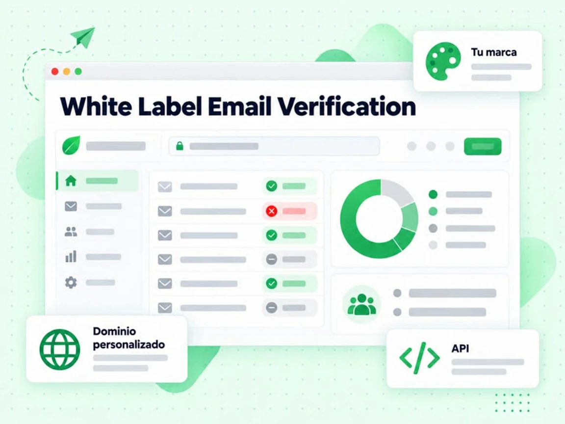 Consola White Label Email Verification con Dominio personalizado, bloque Tu marca, API y tabla de resultados.