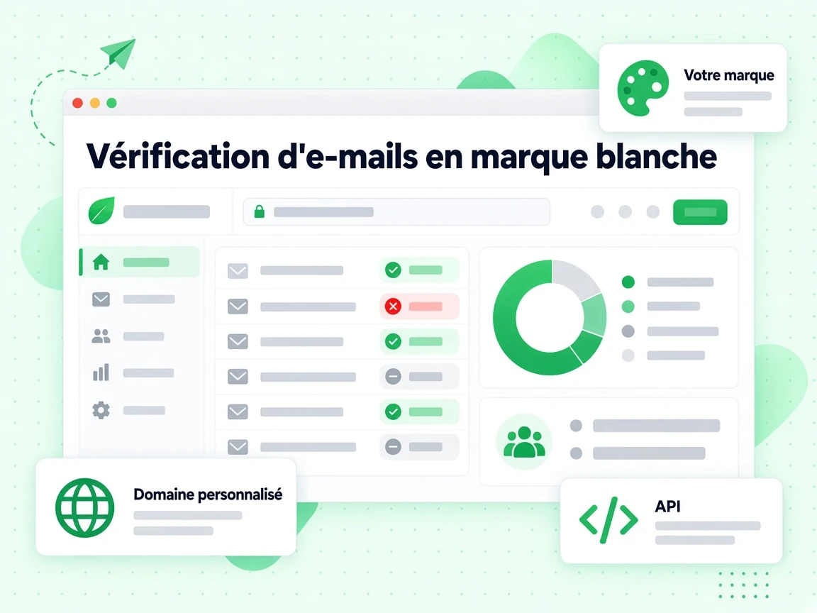 Console de Vérification d'e-mails en marque blanche avec domaine personnalisé, bloc Votre marque et résultats.