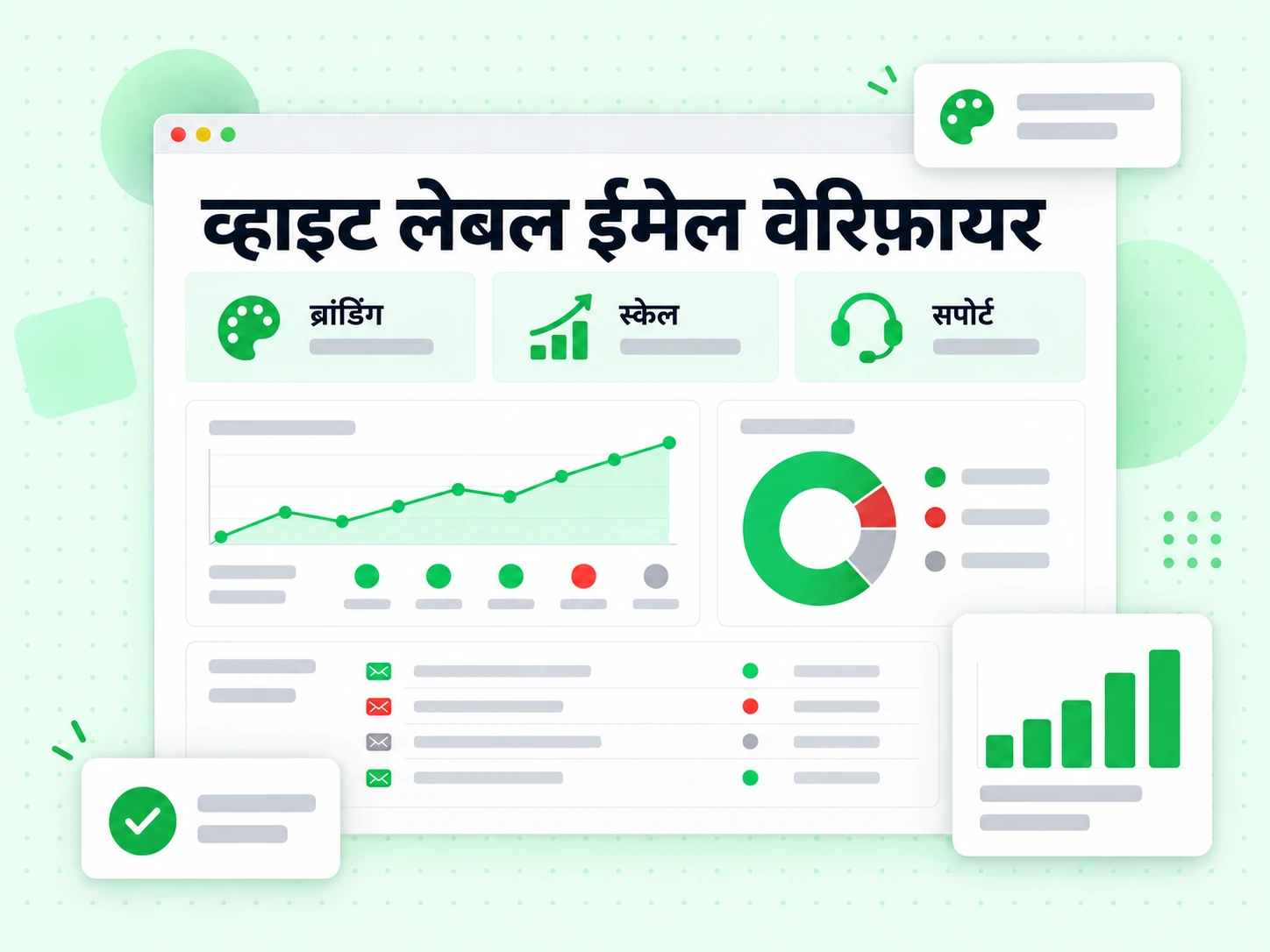 व्हाइट लेबल ईमेल वेरिफ़ायर लाभ ग्रिड ब्रांडिंग, स्केल, सपोर्ट और रिपोर्टिंग दिखाता है