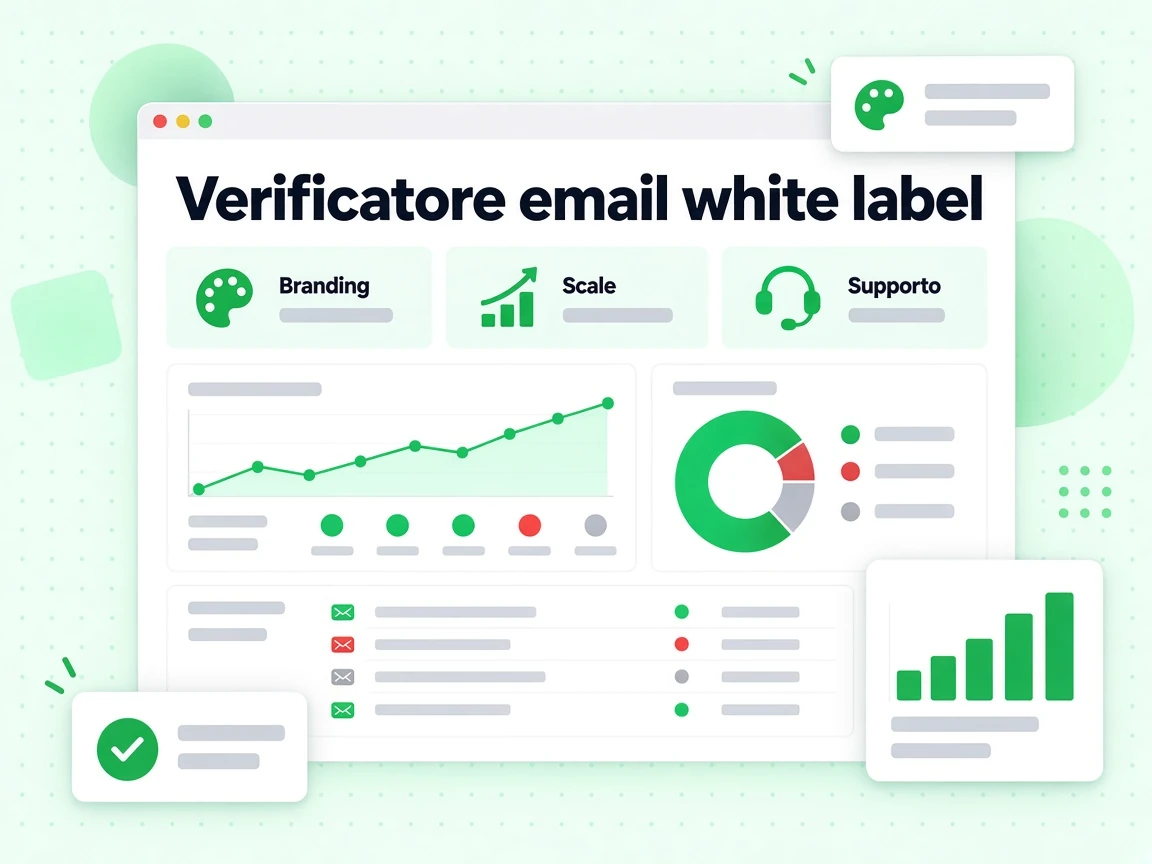 Griglia di benefici del Verificatore email white label: branding, Scala, Supporto e report.