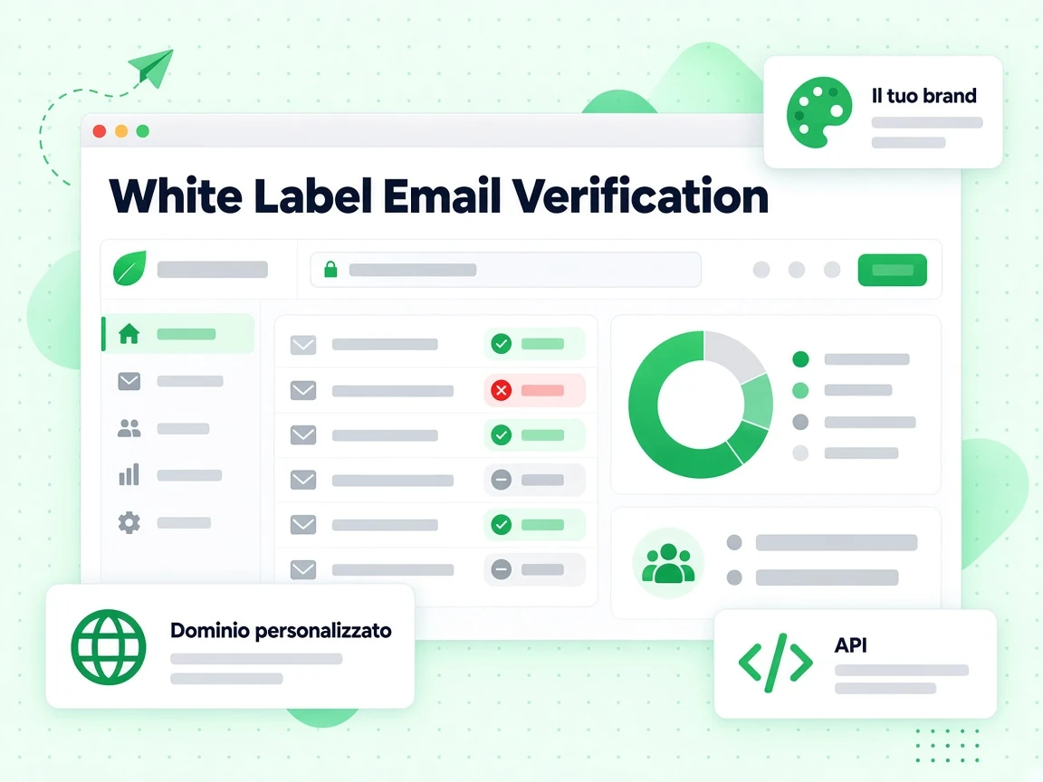 Console di verifica email white label con Dominio personalizzato, logo Il tuo brand e tabella risultati.