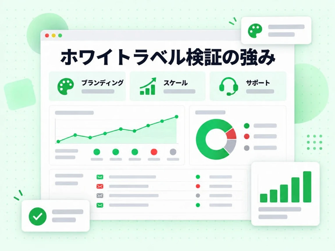 ホワイトラベル検証の強みはブランディング、スケール、サポート、レポートの 4 項目をグリッドで示す