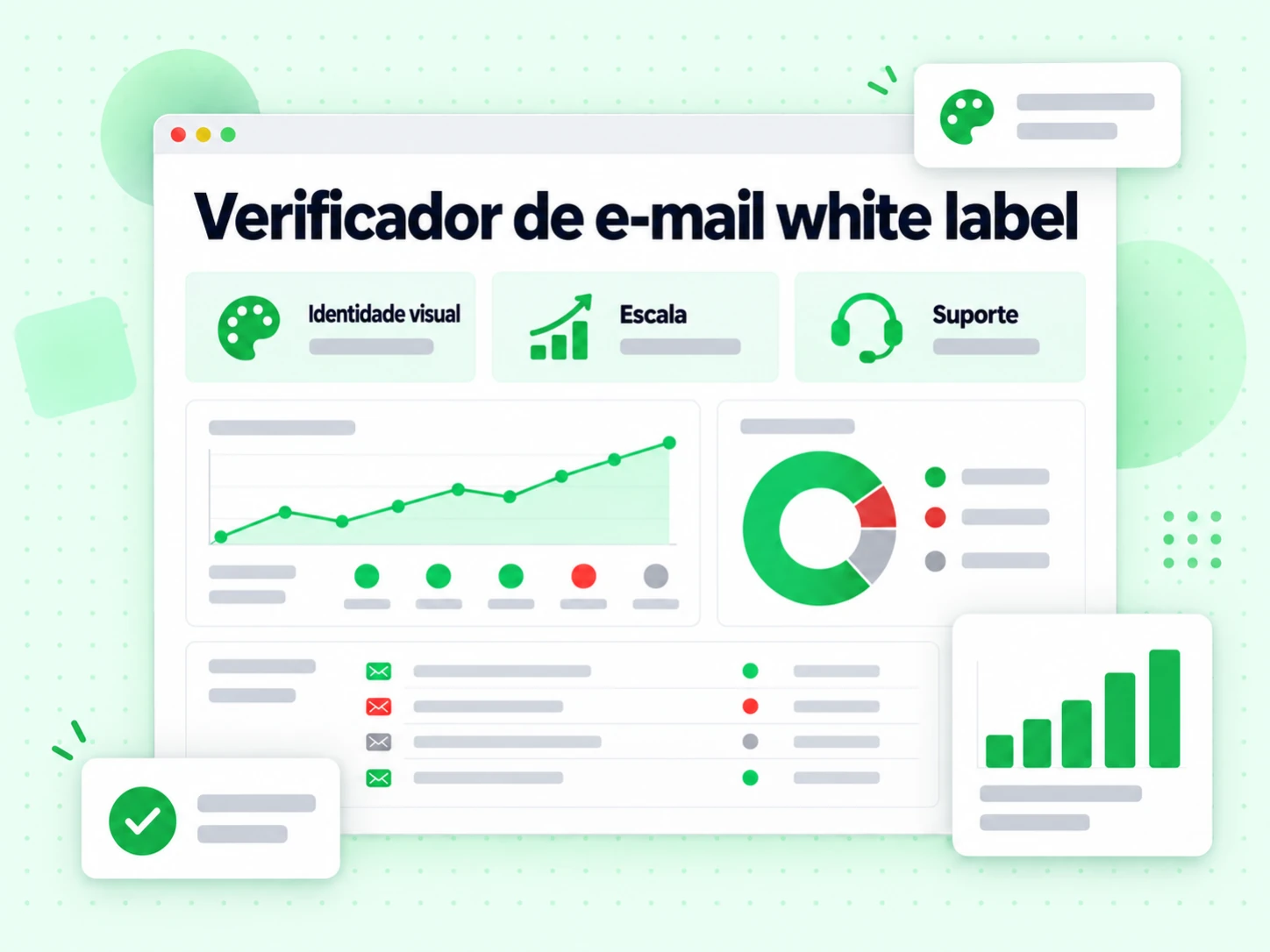 Grade de benefícios do verificador de e-mail white label cobrindo Identidade visual, Escala e Suporte