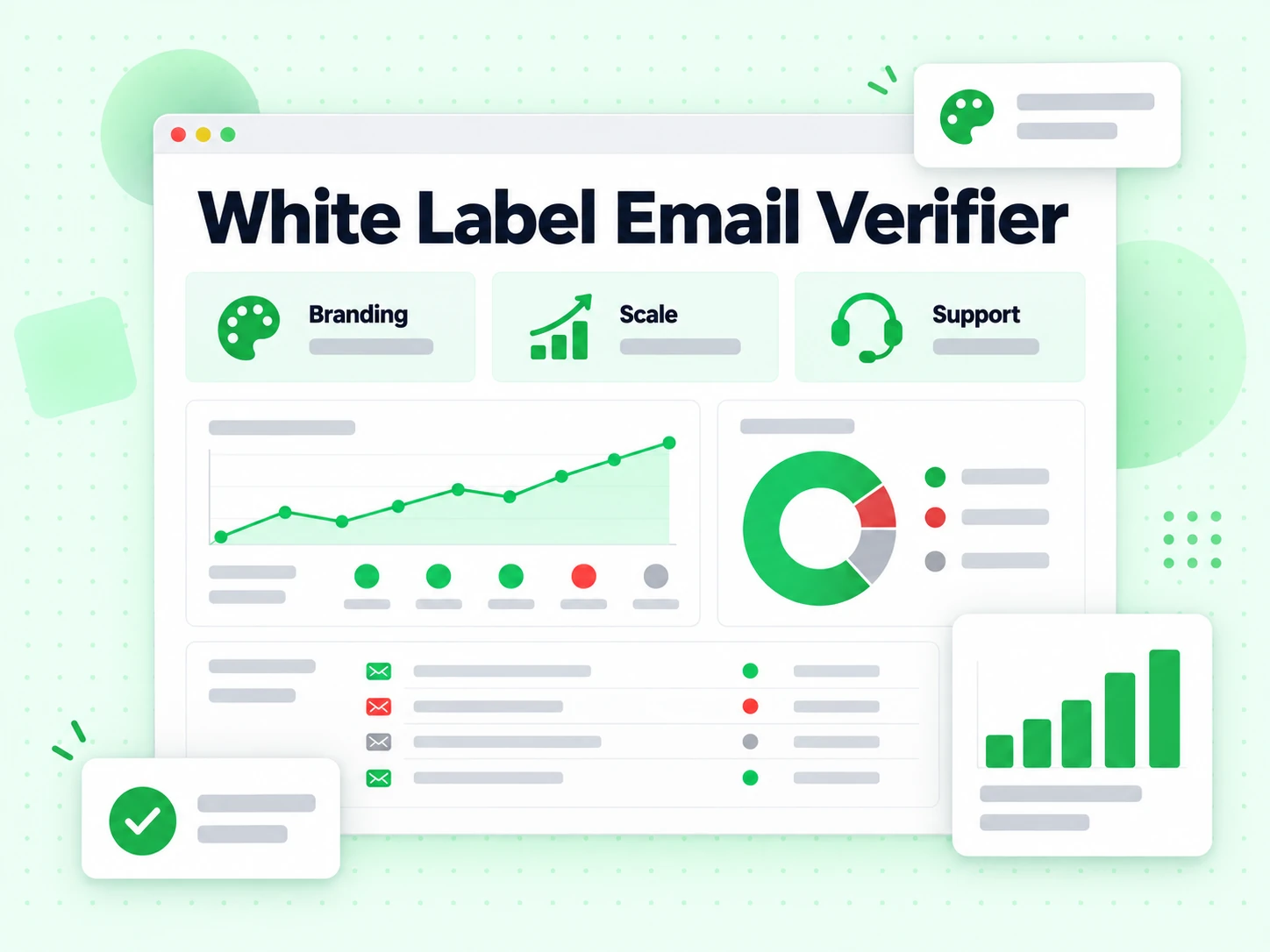White Label Email Verifier benefits grid covering branding, scale, support and reporting