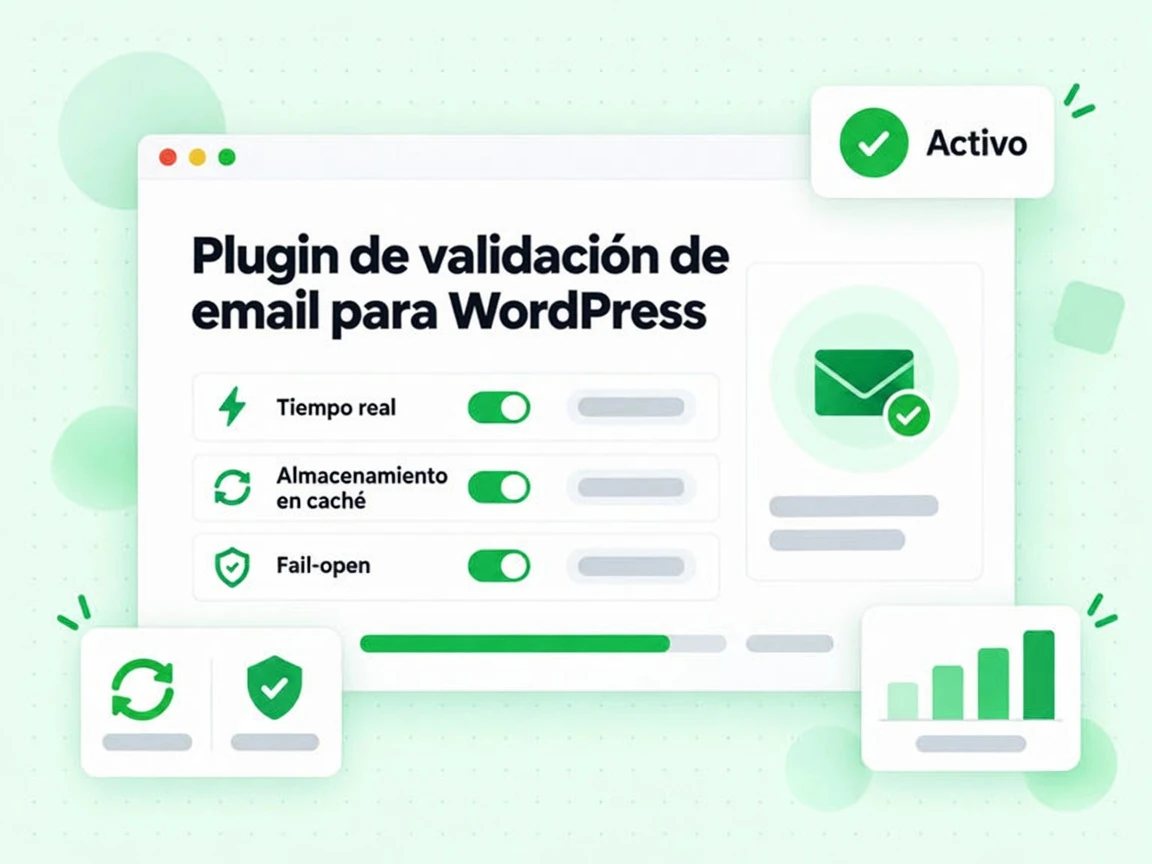 Plugin de validación de email para WordPress ofrece Tiempo real, Almacenamiento en caché, Fail-open y Activo.