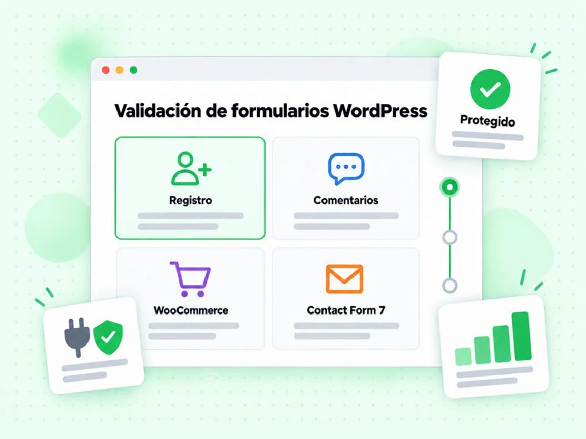 Validación de formularios WordPress cubre Registro, Comentarios, WooCommerce, Contact Form 7 y Protegido.