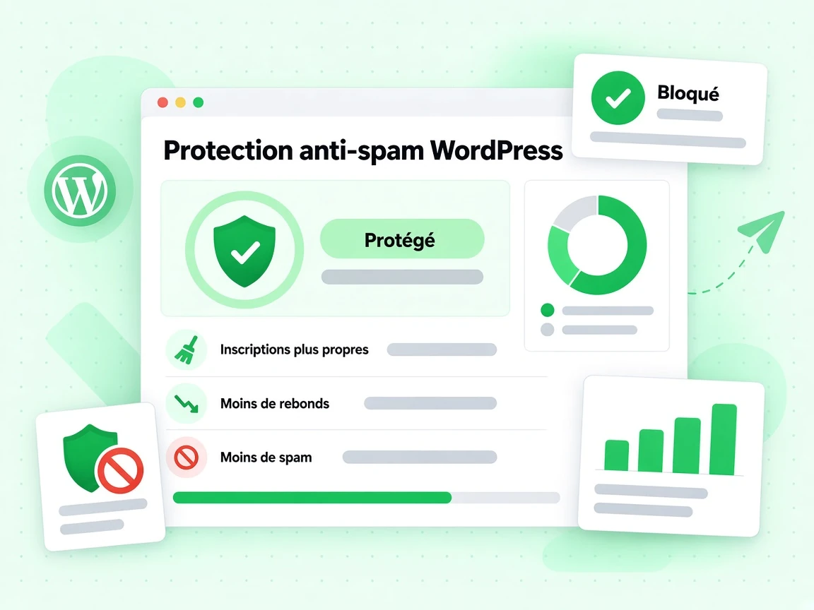 Protection anti-spam WordPress : interface avec Inscriptions plus propres, Moins de rebonds, Moins de spam, Protégé, Bloqué