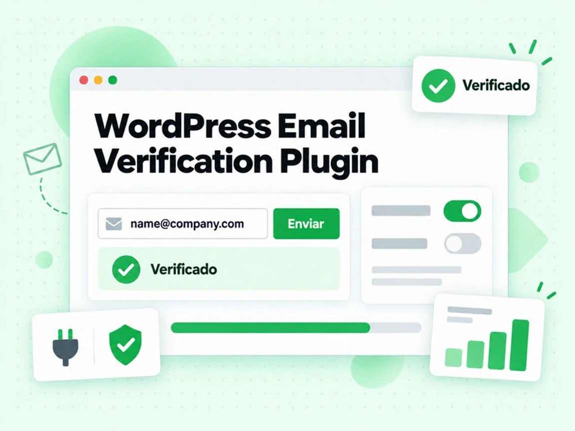 WordPress Email Verification Plugin valida name@company.com no formulário, com Enviar e Verificado
