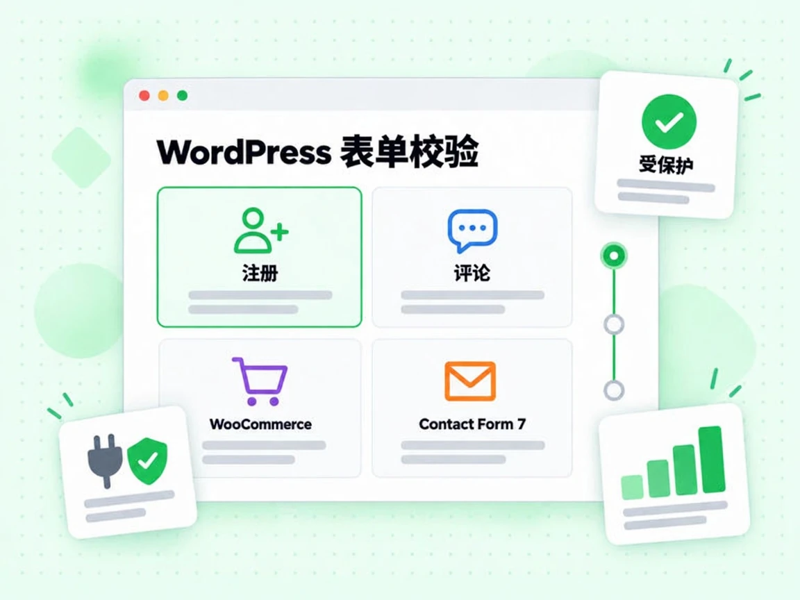 WordPress 表单校验覆盖注册、评论、WooCommerce 和联系表单，并标为受保护。