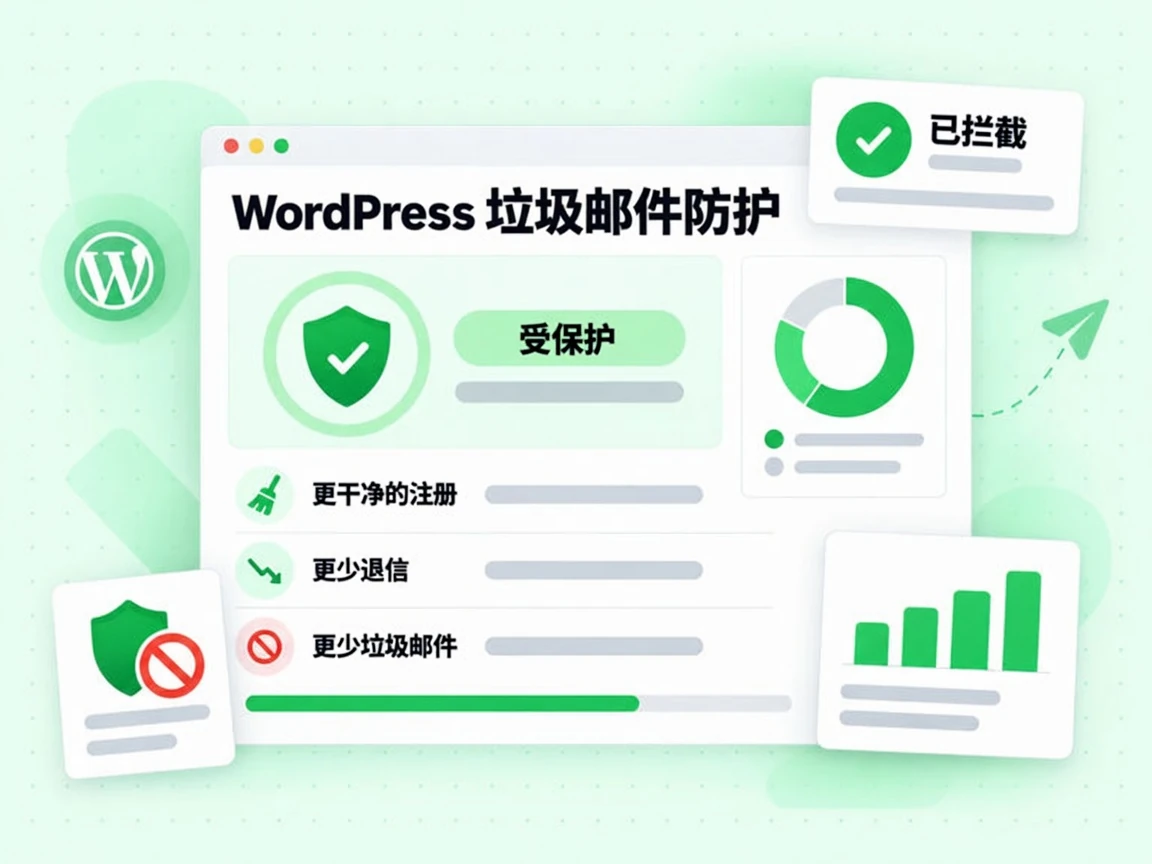 WordPress 垃圾邮件防护带来更干净的注册、更少退信和更少垃圾邮件，并显示受保护与已拦截。