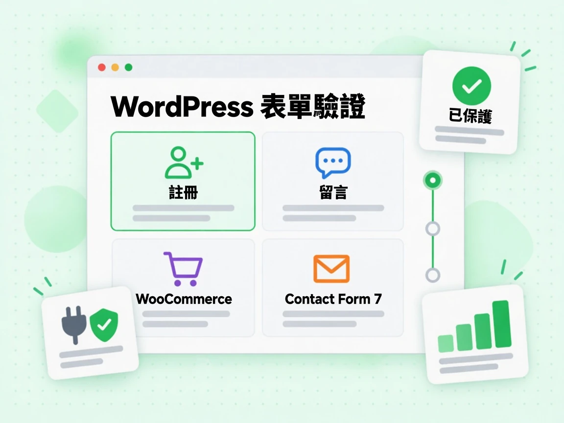 WordPress 表單驗證涵蓋註冊、留言、WooCommerce 與 Contact Form 7，並標示已保護。