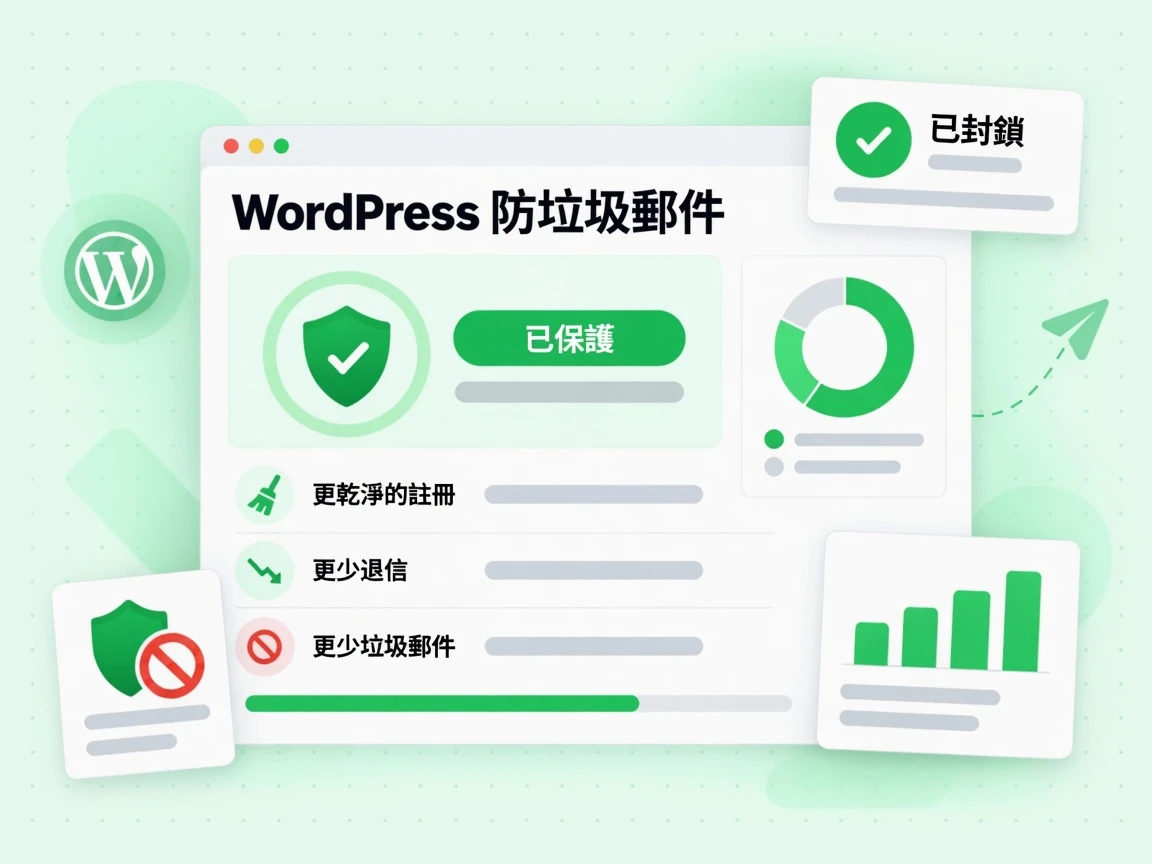 WordPress 防垃圾郵件帶來更乾淨的註冊、更少退信與更少垃圾郵件，並標示已保護與已封鎖。