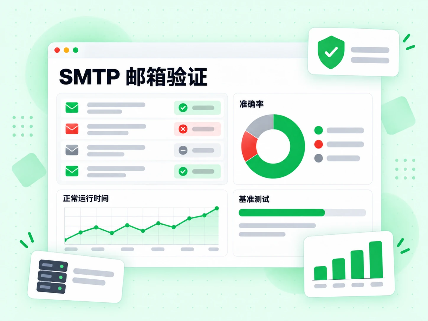 SMTP 邮箱验证的基准测试含准确率环形图、正常运行时间趋势线和结果表。