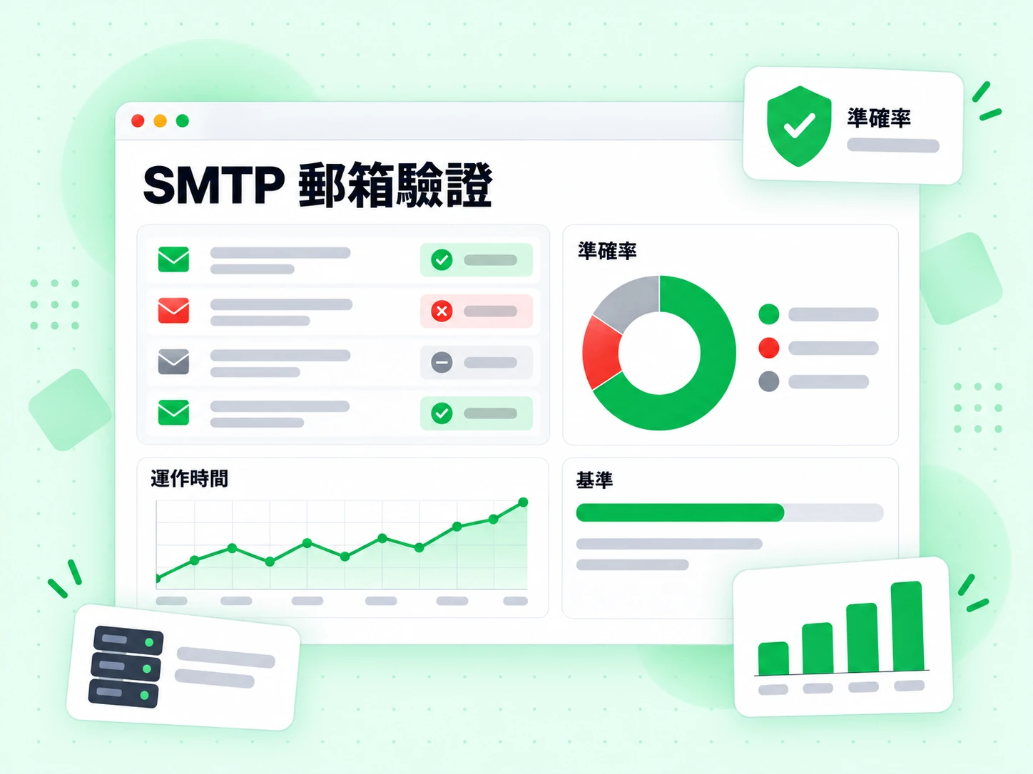 SMTP 郵箱驗證的基準有準確率圓環圖、運作時間趨勢線與結果表。